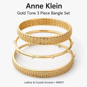 Anne Klein Gold Tone Bangle Bracelet Set 3 Piece Lattice Crystal Accents Round